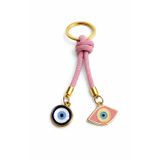 Nazar Boncuğu Anahtarlık – El Yapımı İpli, Metal Oval Nazar Detaylı, Çanta & Araba Anahtarı Aksesuarı, Hediye Seçeneği (pembe)