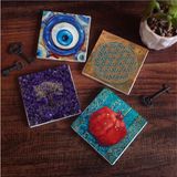Nazar, Yaşam Çiçeği, Hayat Ağacı, Nar Taş Bardak Altlığı Seti - 4 Parça - Dekoratif, Rustik Mutfak Aksesuarı, 10X10 Cm, Kaydırmaz Tabanlı, Şık ve Dayanıklı SC464 - standart