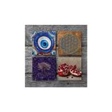 Nazar, Yaşam Çiçeği, Hayat Ağacı, Nar Taş Bardak Altlığı Seti - 4 Parça - Dekoratif, Rustik Mutfak Aksesuarı, 10X10 Cm, Kaydırmaz Tabanlı, Şık ve Dayanıklı SC465 - standart