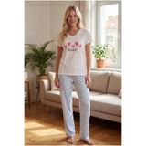 NBB Kadın Pijama Takımı, %100 Pamuk, V Yaka, Kısa Kol, Kalp Baskılı, Altı Çizgili