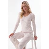 NBB Kadın Pijama Takımı, Uzun Kollu, %100 Pamuklu, Pointel Kumaş, Dantel V Yaka, Marul Kenar Detaylı, Ekru