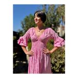 NC10995 İtalyan Pul Payetli Beli Lastikli Coton Elbise Pembe