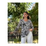 NC11285 İtalyan V Yaka Zebra Desenli Triko Bluz Bej