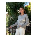 NC53761 İtalyan Yazılı Ve Taşlı Coton Sweatshirt Gri