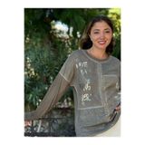 NC53761 İtalyan Yazılı Ve Taşlı Coton Sweatshirt Vizon