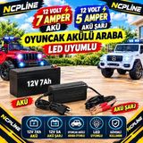 Ncpline 12 Volt 7 Amper Akü ve 12 Volt 5 Amper Akü Şarj Adaptörü Akülü Araba ve LED Uyumlu Set Pilsan ve Traktör Uyumlu