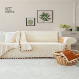 NDC Home Buldan Dokuması Keten Ponponlu Koltuk Örtüsü (170 x 220) - 170 x 220 cm - Krem