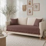 NDC Home Fırfırlı Keten Koltuk Örtüsü [kırlentli]-Kahverengi - 90 x 200 cm