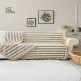 NDC Home Premium Keten Kahverengi Çizgili Bej Ponponlu Koltuk Örtüsü (170 x 220) - 170 x 220 cm - Krem
