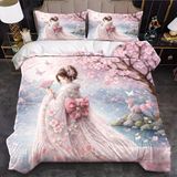 NDXRWDZR Çift Kişilik Nevresim 220 x 240 cm Yetişkin Sakura Pembe Gizli Fermuarlı Nevresim Takımı Yumuşak Anti-Alerji Mikrofiber Nevresim Takımı Nevresim ve 2 Yastık Kılıfı 50 x 80 cm