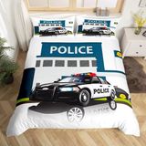 NDXRWDZR Çift Kişilik Nevresim Takımı Karikatür Polis Arabası Nevresim Fermuarlı Kapamalı Yatak Örtüsü Aldults Çocuklar için Yumuşak Hipoalerjenik Mikrofiber Yorgan Kılıfı 200x200 cm + 2 Yastık Kılıfı