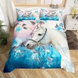 NDXRWDZR King Size Nevresim Takımı, Mavi At Nevresim Takımı, Fermuarlı Kapamalı Yatak Seti, Aldults Çocuklar için Yumuşak Hipoalerjenik Mikrofiber Yorgan Kılıfı 230x220 cm + 2 Yastık Kılıfı 50x75 cm