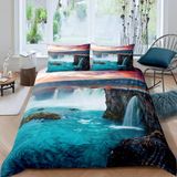 NDXRWDZR King Size Nevresim Takımı Mavi Şelale Nevresim Fermuarlı Nevresim Takımı Aldults Çocuklar için Yumuşak Hipoalerjenik Mikrofiber Yorgan Kılıfı 230x220 cm + 2 Yastık Kılıfı 50x75 cm