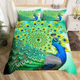 NDXRWDZR Nevresim Takımı 220 x 240 Yetişkin Tavuskuşu Yeşil Nevresim Fermuarlı 2 Kişilik Rahat Nefes Alabilir Mikrofiber Nevresim ve 2 Yastık Kılıfı 65 x 65 cm
