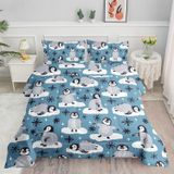 NDXRWDZR Süper King Boy Nevresim Takımı Mavi Penguen Nevresim Fermuarlı Kapamalı Yatak Örtüsü Aldults Çocuklar için Yumuşak Nefes Alabilir Mikrofiber Kılıf 260x220 cm + 2 Yastık Kılıfı 50x75 cm