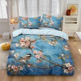 NDXRWDZR Tek Kişilik Nevresim Takımı Mavi Çiçekler ve Kuşlar Çocuklar için Yorgan Kılıfı, Yumuşak Hipoalerjenik Mikrofiber Fermuarlı Nevresim, 1 Nevresim 135x200 cm + 2 Yastık Kılıfı 50x75 cm