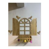 NED MDF LAZER DEKARASYON AHŞAP RENGİ KUŞLU PENCERE TEMALI ÇİÇEKLİK AHŞAP MDF LAZER KESİM 3MM DUVAR SÜSÜ