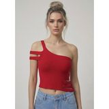 Neden Tekstil - Asimetrik Tek Omuz Triko Crop Bluz - Standart - Kırmızı