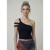 Neden Tekstil - Asimetrik Tek Omuz Triko Crop Bluz - Standart - Siyah