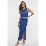 Neden Tekstil - Dantel Görünümlü Ajurlu Beachwear Crop Top ve Yırtmaçlı Uzun Etek Triko Takım - S/M - Saks Mavisi