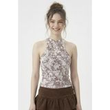 Neden Tekstil - Kadın Fitilli Baskılı Beyaz Kahve Halter Yaka Crop Bluz - S/M - Beyaz-Kahve