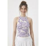 Neden Tekstil - Kadın Fitilli Baskılı Halter Yaka Crop Bluz - S/M - Ekru-Mor
