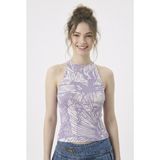 Neden Tekstil - Kadın Fitilli Çizgi Baskılı Halter Yaka Crop Bluz - S/M - Beyaz-Lila