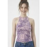 Neden Tekstil - Kadın Fitilli Çizgi Baskılı Halter Yaka Crop Bluz - S/M - Pembe-Lila