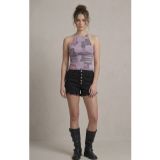 Neden Tekstil - Kadın Fitilli Grafik Desenli Baskılı Halter Yaka Crop Bluz - S/M - Lila