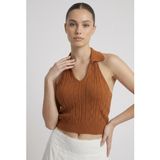 Neden Tekstil - Kadın Polo Yaka Sırt Dekolteli Crop Bluz - S - Camel