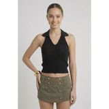 Neden Tekstil - Kadın Polo Yaka Sırt Dekolteli Crop Bluz - S - Siyah