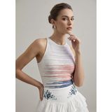 Neden Tekstil - Kadın Renkli Çizgi Detaylı Askılı Triko Bluz - Standart - Lila-Somon-Saks