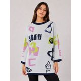 Neden Tekstil Kadın Renkli Desenli Triko Oversize Kazak - Gri