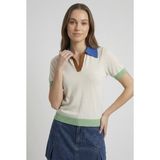 Neden Tekstil - Kadın Renkli Yaka ve Kısa Kollu Triko Bluz - S/M - Bej