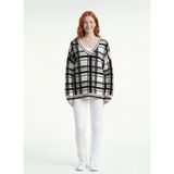 Neden Tekstil - Kadın Siyah Beyaz Ekose V Yaka Oversize Kazak - L - Çok Renkli