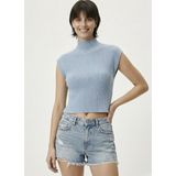 Neden Tekstil - Kadın Yarım Balıkçı Yaka Fitilli Triko Kolsuz Crop Bluz - Standart - Mavi