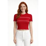 Neden Tekstil - Neden Tekstil Dikdörtgen Desenli Marul Kenar Crop Triko Bluz - Standart - Kırmızı