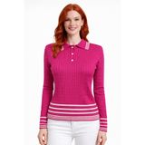 Neden Tekstil - Polo Yaka Saç Örgü Desenli Çizgili Triko Kazak - Standart - Fuşya