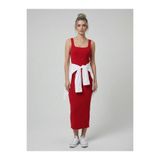 Neden Tekstil - Premium Fit Kare Yaka Fitilli Triko Midi Elbise - S/M - Kırmızı