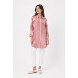 Neden Tekstil - Uzun Kollu Kırmızı Beyaz Çizgili Kadın Overshirt Gömlek - 38 - Kırmızı