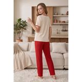 NEEWSTORE Bordo Minimal Kalp Ve Düğme Detaylı Kısa Kollu Pamuklu Rahat Kadın Çift Pijaması