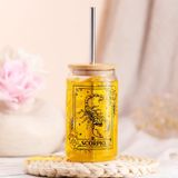 Nefelibata Akrep Bira Kutusu Cam 473 ml Takımyıldızı Buzlu Kahve Bardağı, Kapaklı Metal Hasır ve Temizleme Fırçası, Kahve Çay Soda Suyu için Yeniden Kullanılabilir İçme Bardağı Bardağı, Kadınlar ve Erkekler için