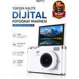 Neffo 4K Dijital Retro Video Kamera 48MP Flaşlı (16GB) Kart Dijital Vlog Fotoğraf Makinesi - Beyaz