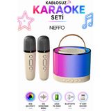 Neffo Mikrofonlu Karaoke Bluetooth Hoparlör Rgb Işıklı 5 Ses Efektli Taşınabilir Şarjlı Ses Bombası - Bej