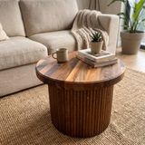 NeFizzDoğa Masif Ceviz Ahşap Orta Sehpa Yuvarlak Fluted Tasarımlı El Yapımı Salon Sehpası 50X35 cm