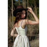 NEFS Design Korse Detaylı Sırtı Kuşgözü Bağlamalı Kare Yaka Mini Keten Elbise Kum Rengi Kovboy Style