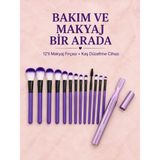Negok 12’li Mor Makyaj Fırça Seti ve Kaş Düzeltme Cihazı Kadın Makyaj ve Kişisel Bakım Seti