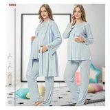 NEHİR 2026 MAVİ Hamile Lohusa 3 Lü Pijama Sabahlık TK