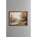 Nehir Kenarında Otlayan At - Vintage Desenli Çerçeve - İnce Model, Altın1, 30 x 40
