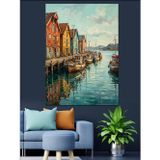 Nehir Kenarında Renkli İskandinav Evleri Dekoratif Kanvas - Mdf Ahşap Tablo